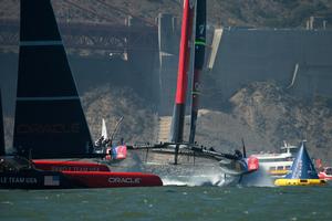 Emirates Team New Zealand and Oracle Team USA enter the start box for race 12 on day eight of America's Cup 34.. 18/9/2013 photo copyright Chris Cameron/ETNZ http://www.chriscameron.co.nz taken at  and featuring the  class