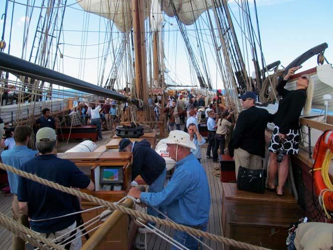 Passengers onboard the 198-foot brig Niagara during the Parade of Sail in Erie, Penn. ©  Tall Ships America http://www.tallshipsamerica.org/