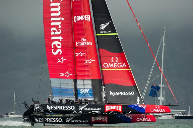 Emirates Team New Zealand in the re run of race 13. The 1st attempt was called off after the 40 minute time limit was reached. America’s Cup 34. 20/9/2013 © Chris Cameron/ETNZ http://www.chriscameron.co.nz