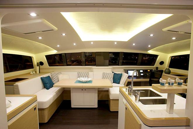 Beautiful yet lightweight interior design of the Outremer 5X by Franck Darnet.  ©  Gilles Foucras
