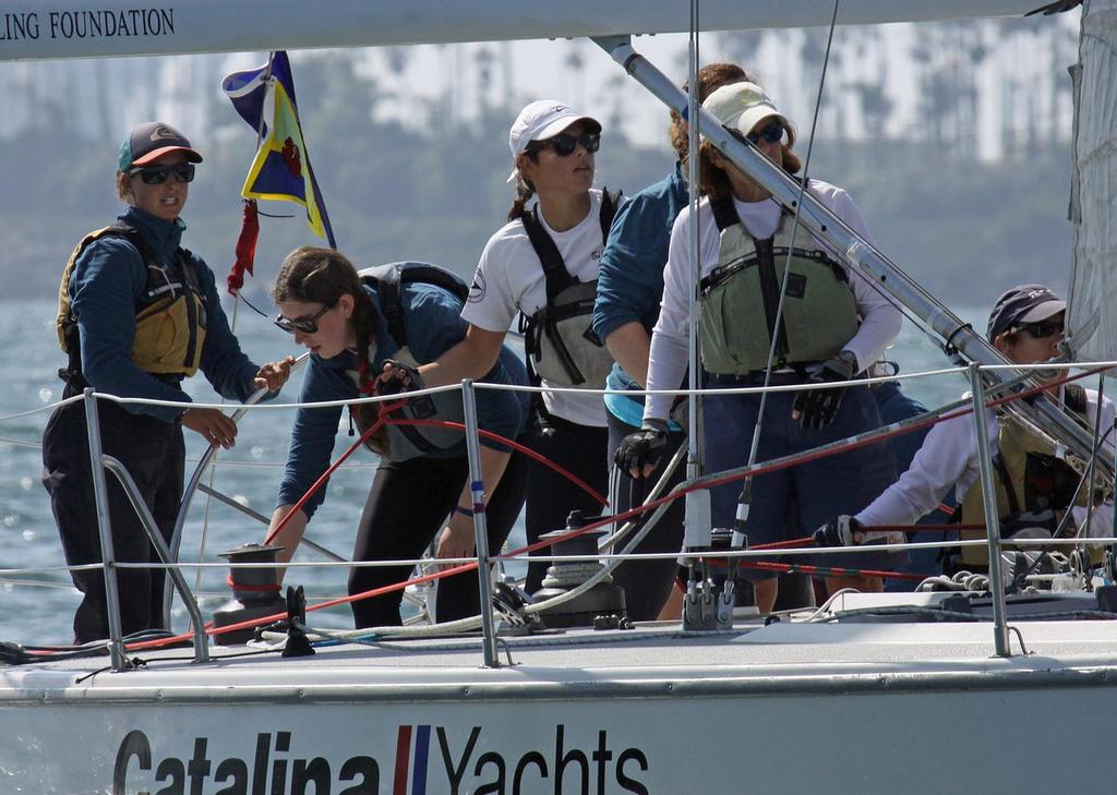 Allie Blecher (left at helm) and her Cal Yacht Club team stayed focused on what they knew they needed to do and won the 2013 Linda Elias Memorial Women’s One-Design Challenge regatta.  © Tracy St.John