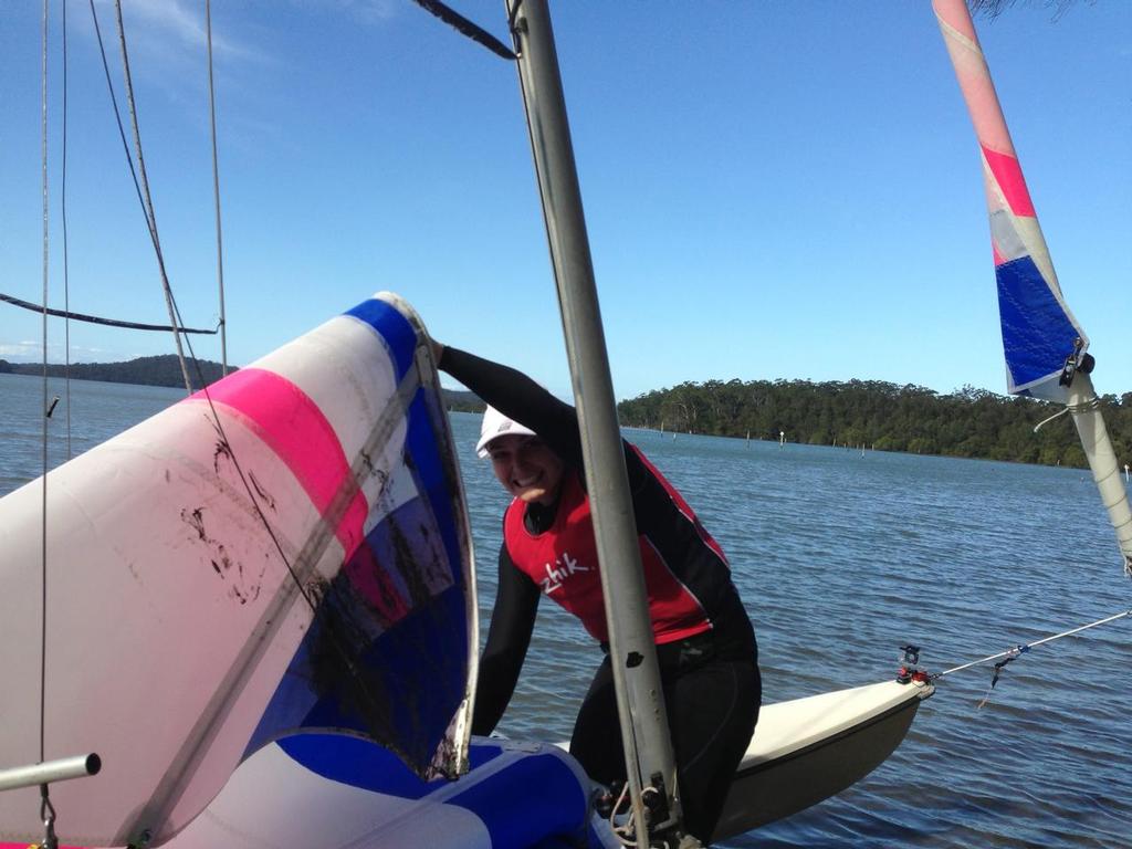 Olympian Krystal Weir proudly sporting a Queens Lake 'Choc Top' as a result of a training pitchpole! - Maricat 2013/14 NSW State Titles photo copyright Martina Holt taken at  and featuring the  class