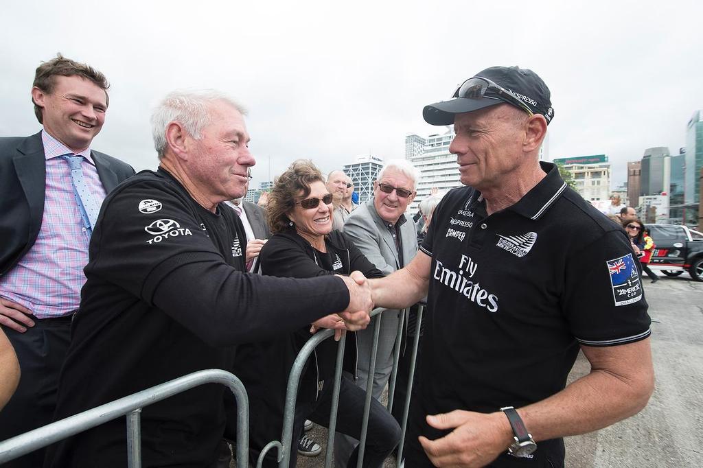 Emirates Team New Zealand welcome home event in Auckland. Grant Dalton greets fans at the entrance to Shed 10. 4/10/2013 photo copyright Chris Cameron/ETNZ http://www.chriscameron.co.nz taken at  and featuring the  class