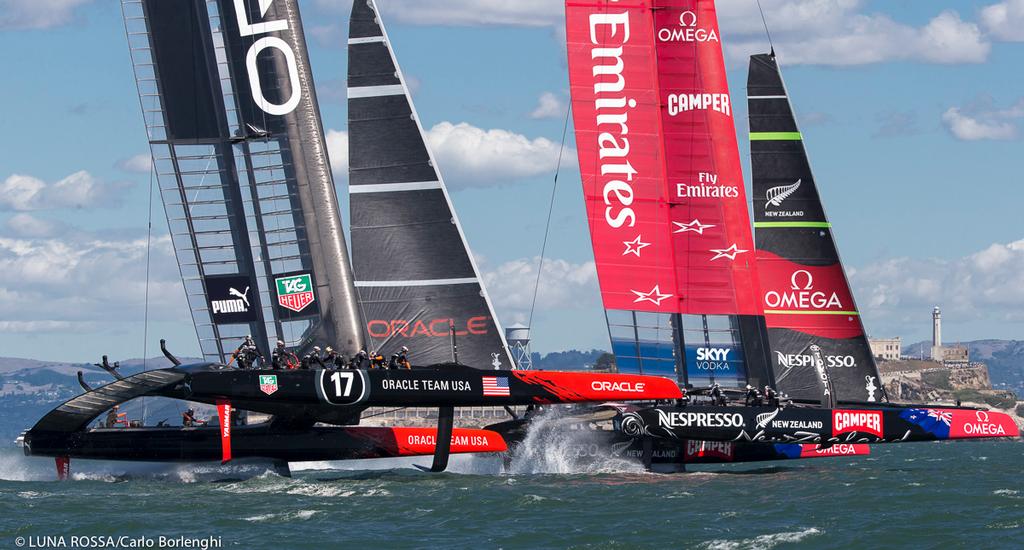 Oracle Team USA and Emirates Team NZ - 34th America’s Cup photo copyright Carlo Borlenghi/Luna Rossa http://www.lunarossachallenge.com taken at  and featuring the  class