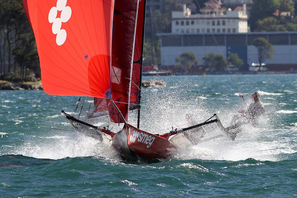 Smeg Team shows how it&rsquo;s done in heavy winds in Sydney 18ft League racing on Sunday photo copyright Frank Quealey /Australian 18 Footers League http://www.18footers.com.au taken at  and featuring the  class