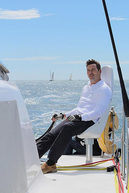 Multihull Central’s Brent Vaughan helming the Outremer 5X at the Outremer Cup in La Grande Motte. © Multihull Central