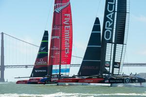 Emirates Team New Zealand and Oracle Team USA start race 15 on day 12 of America's Cup 34. 22/9/2013 photo copyright Chris Cameron/ETNZ http://www.chriscameron.co.nz taken at  and featuring the  class