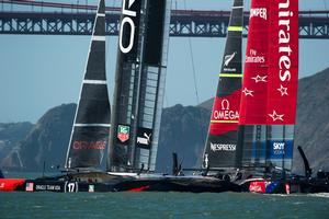 Oracle Team USA and Emirates Team New Zealand come together on the start line. There was contact and ETNZ sustained a penalty. Race 17, America's Cup 34. 24/9/2013 photo copyright Chris Cameron/ETNZ http://www.chriscameron.co.nz taken at  and featuring the  class