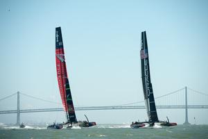 Oracle Team USA sailover Emirates Team New Zealand on the beat in race 18.  America's Cup 34. 24/9/2013 photo copyright Chris Cameron/ETNZ http://www.chriscameron.co.nz taken at  and featuring the  class