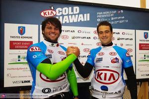 Koster and Brawzi celebrate together - PWA Cold Hawaii World Cup 2013 photo copyright  John Carter / PWA http://www.pwaworldtour.com taken at  and featuring the  class