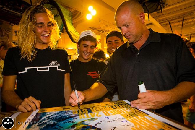 Casey, Norm and Harley make their mark on the event poster. © Si Crowther / AWT http://americanwindsurfingtour.com/