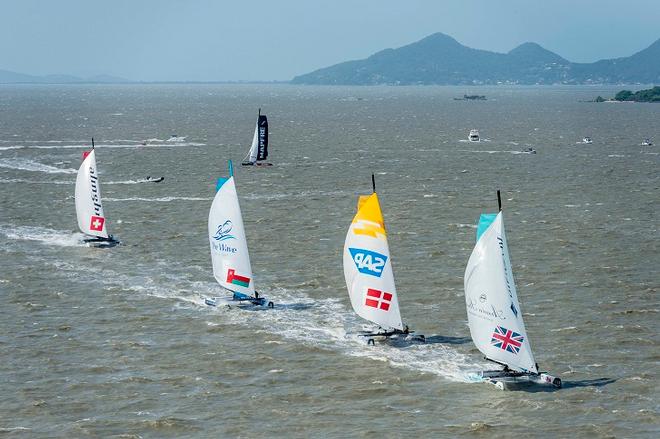 GAC Pindar lead the fleet downwind in the final race of day two ©  Vincent Curutchet / Dark Frame http://www.extremesailingseries.com/
