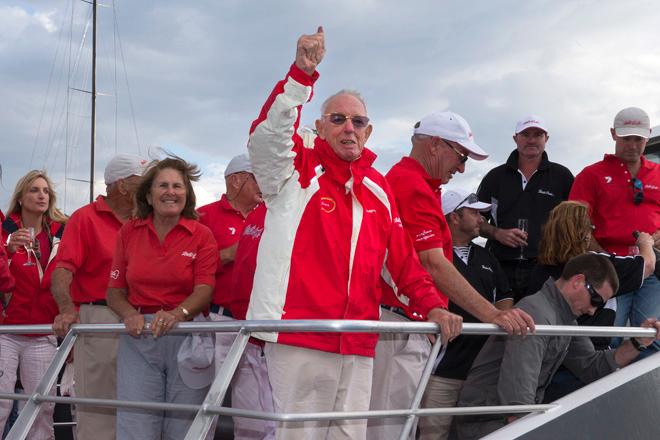 Bob Oatley, owner of Wild Oats XI celebrates a seventh Line honours win in the 2013 Rolex Sydney to Hobart © Andrea Francolini