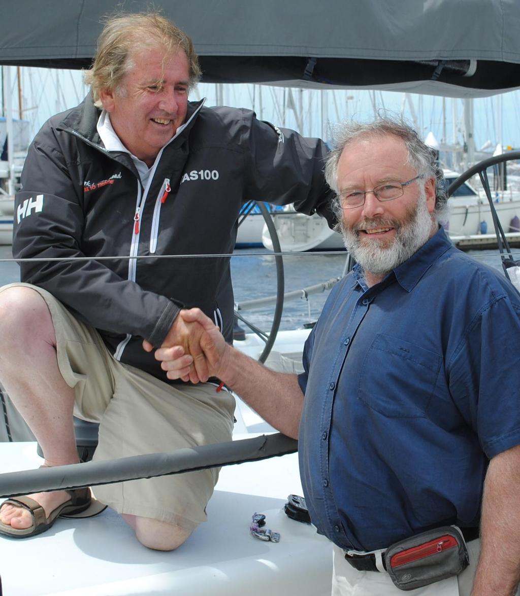 Arch rivals,  but likely to be 'books ends' of the fleet,  Gary Smith (The Fork in the Road) and Malcolm Cooper (Kaiulani) at today's launch of the NATIONAL Launceston to Hobart Yacht Race - Launceston to Hobart Race 2013 photo copyright Peter Campbell taken at  and featuring the  class