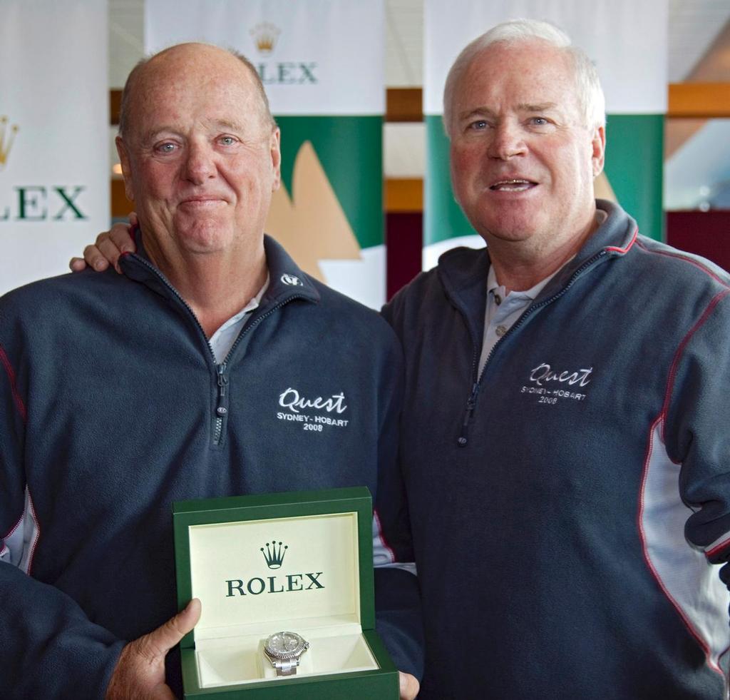 Robert Steel giving his second Rolex Yacht-Master timepiece to his navigator, Michael Green.

Pricegiving, official Trophy Presentation at the Royal Yacht Club of Tasmania photo copyright  Rolex/Daniel Forster http://www.regattanews.com taken at  and featuring the  class