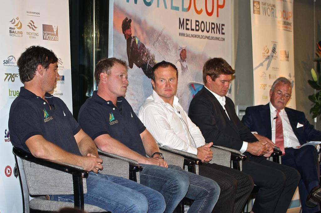 ISAF Sailing World Cup, Melbourne  America&rsquo;s Cup panel - from left Iain Jensen, Nathan Outteridge (both Artemis), Glenn Ashby (ETNZ), Tom Slingsby (OTUSA) and moderator Andrew Plympton photo copyright Richard Gladwell www.photosport.co.nz taken at  and featuring the  class