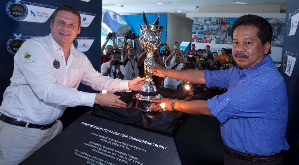 The AWMRT Trophy arrives at the Monsoon Cup Cup, Malaysia, the final round of the Alpari World Match Racing Tour 2013 photo copyright  OnEdition / WMRT http://wmrt.com/ taken at  and featuring the  class