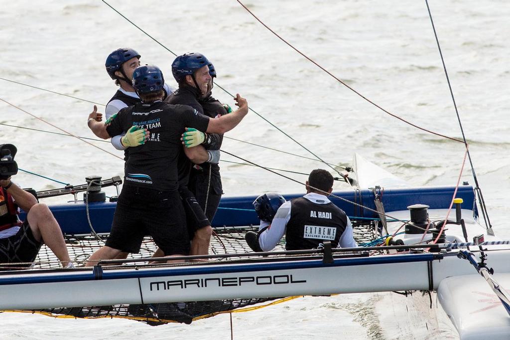 The Wave, Muscat celebrate their 2013 Series championship win in the Florianópolis stadium. ©  Vincent Curutchet / Dark Frame http://www.extremesailingseries.com/