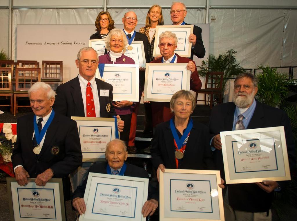 NSHOF Inductees (from bottom, left to right):
Stuart Walker, Runnie Colie, Timmy Larr, Richard Rosenfeld (accepting for grandfather Morris Rosenfeld)
Steve Taylor (accepting for grandfather Starling Burgess)
Julia Clough (accepting for grandfather John Alden), Frank Butler
Brooke Blackaller*, Dave Curtis, Lisa Blackaller*, Bill Buchan (*accepting for their father Tom Blackaller) photo copyright NSHOF/Jack Hardway taken at  and featuring the  class