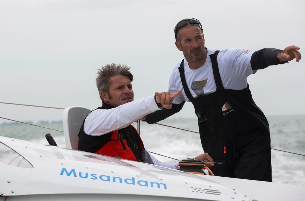 The MOD70 Oman Air Musandam, skippered by Sidney Gavignet (FRA), training. Pictured with Neal McDonald (IRL)<br />
 © Lloyd Images