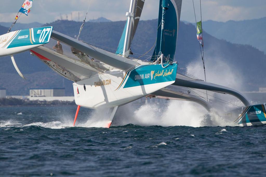 La Route des Princes. Valencia. Spain.
The Oman Air MOD70 in action today,  Skippered by Sidney Gavignet  (FRA) with team mates Thomas LeBreton (FRA), Fahad Al Hasni (OMA), Neal McDonald (GBR),Damian Foxall (IRL), Philip Rivett (AUS), Ahmed Al Hassani (OMA) and Giles Favennec (FRA)

Credit: Lloyd Images photo copyright Lloyd Images taken at  and featuring the  class