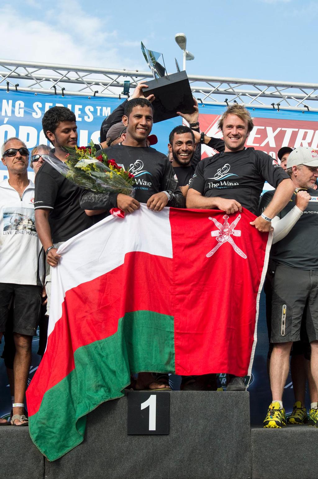 Extreme Sailing Series Act 8 - The Wave Muscat skippered by Leigh McMillan (GBR), mainsail trimmer Pete Greenhalgh (GBR), headsail trimmer Musab Al Hadi (OMA), tactician Ed Smyth (NZL) and bowman Hashim Al Rashdi (OMA)<br />
Winner ©  Vincent Curutchet / Lloyd images / OC http://www.lloydimages.com/