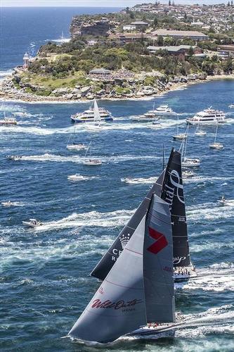 Wild Oats XI and and Perpetual Loyal out of harbour after start of 69th Rolex Sydney Hobart ©  Rolex/Daniel Forster http://www.regattanews.com