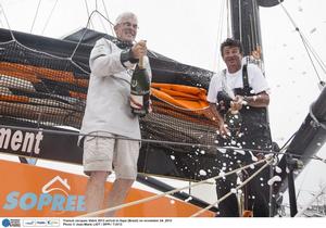 MOCA PRB / Vincent Riou – Jean Le Cam / winner in IMOCA ranking, arrival in Itajai (Brazil) on november 24th, 2013. - Transat Jacques Vabre 2013 photo copyright  Jean-Marie Liot / DPPI / TJV http://www.transat-jacques-vabre.com/ taken at  and featuring the  class