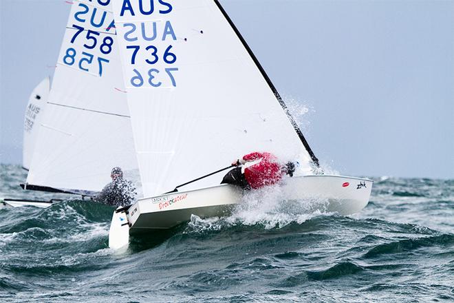Michael Brown and Chris Visick in amongst the waves. - OK Dinghy Interdominion Championship ©  Alex McKinnon Photography http://www.alexmckinnonphotography.com