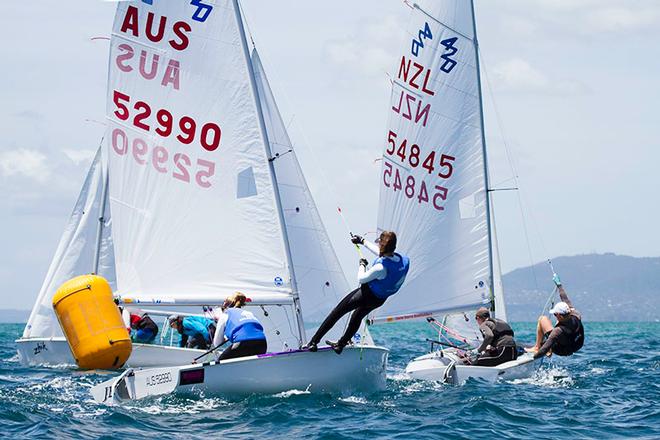 Dana Tavener with Catherine Pagett on Jet, just behind New Zealand’s Cameron Moss and Taylor Balogh - 420 Australian Championships ©  Alex McKinnon Photography http://www.alexmckinnonphotography.com