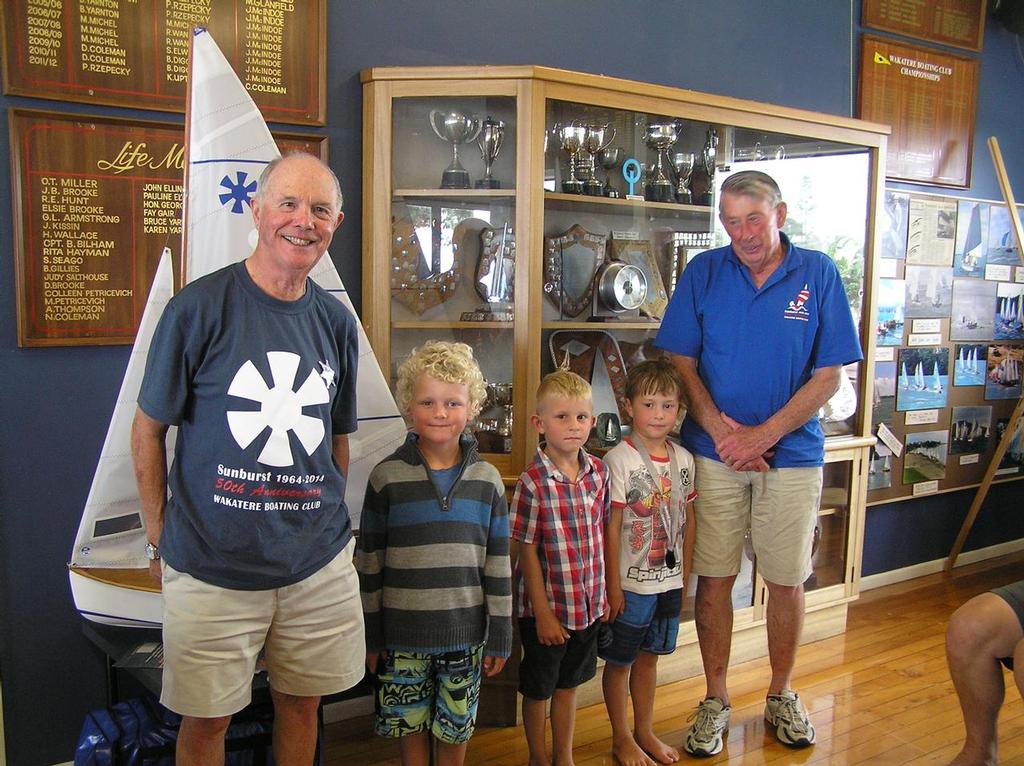 The two oldest and the three youngest competitors at the 2014 Sunburst Nationals. From left : Colin Dalziel (77yrs), Jack Beavis (6 yrs), Cameron Brown (just turned 7), Flinn Olson (a few days short of his 6th birthday), Maurice Scott ( 75 yrs). - 2014 Sunburst Nationals photo copyright Nigel Price taken at  and featuring the  class