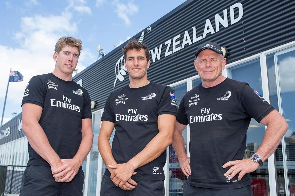 Emirates Team New Zealand MD Grant Dalton (right) announces the team's hiring of Peter Burling (left) and Blair Tuke (centre) at a press conference at Emirates Team New Zealand base, Auckland. 14/1/2014 © Chris Cameron/ETNZ http://www.chriscameron.co.nz