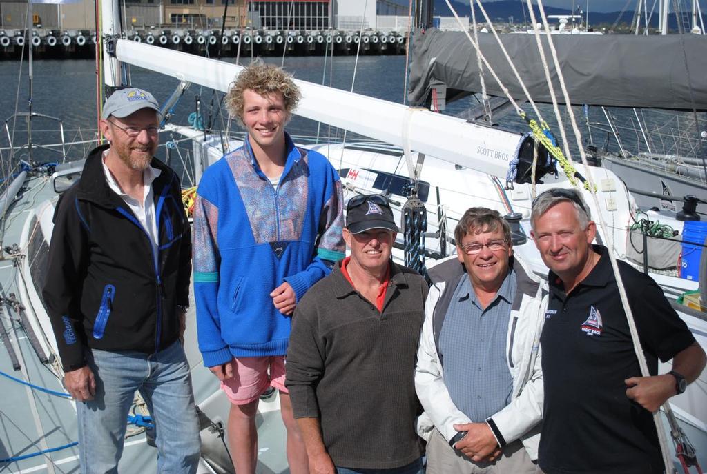 Andrew Scott (right) and most of his PHS winning crew of Ballendean at Sullivans Cover - Launceston to Hobart Yacht Race 2013 © Peter Campbell