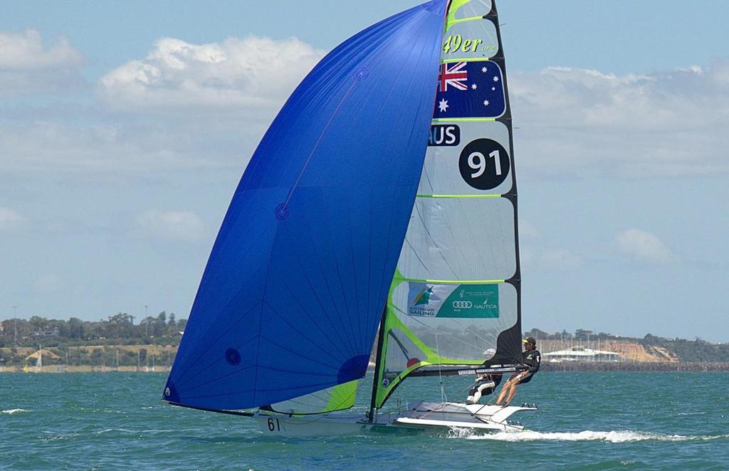 David Gilmour & Sam Phillips (WA) surprised the 49er series leaders to snatch the  - Zhik29er, 49er and FX Australian Championships 2013 photo copyright David Price taken at  and featuring the  class