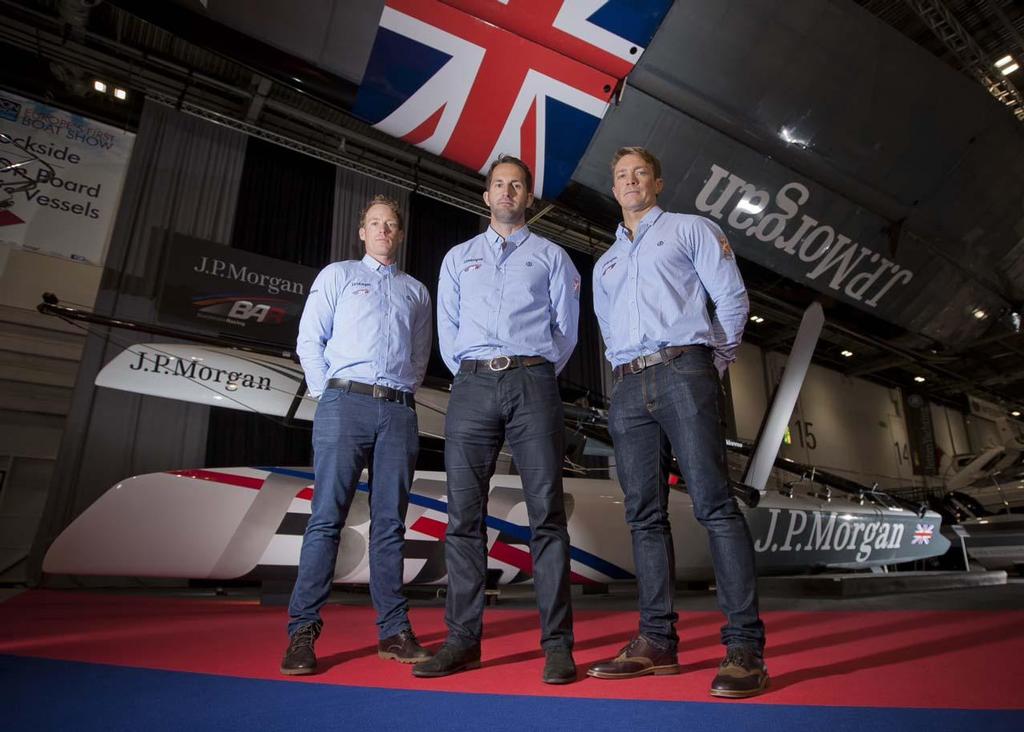 L to R: BAR team members Paul Goodison, Sir Ben Ainslie and Matt Cornwell stand in front of the J.P. Morgan BAR AC45 at the London Boat Show 2014, ExCeL, London. photo copyright onEdition http://www.onEdition.com taken at  and featuring the  class
