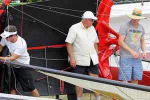 sam, iain murray and scott babbage  get the boat ready for a race earlier this season - 18ft Skiffs photo copyright Australian 18 Footers League http://www.18footers.com.au taken at  and featuring the  class