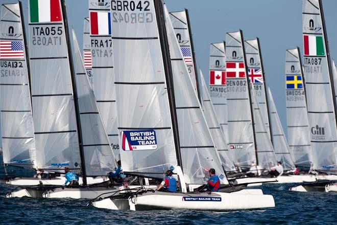 Nacra 17 fleet at the ISAF Sailing World Cup Miami 2014 © Richard Langdon /Ocean Images http://www.oceanimages.co.uk