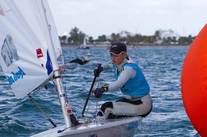 Marit Bouwmeester in action during the Laser Radial medal race at the 2014 ISAF Sailing World Cup Miami © Richard Langdon /Ocean Images http://www.oceanimages.co.uk