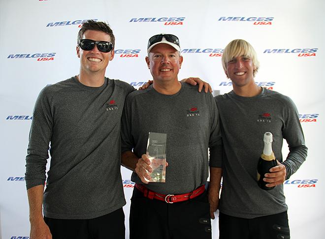 Second Place: Bacio. From left to right: Jeremy Wilmot, Michael Kiss, and WIllie McBride. 2014 Audi Melges 20 - 2014 Audi Melges 20 Miami Winter Series  © Joy Dunigan