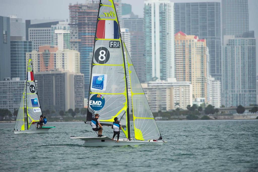 Julien d’Ortoli and Noe Delpech, Class: 49er, Sail Number: FRA 8 - 2014 ISAF Sailing World Cup Miami day 5 © Walter Cooper /US Sailing http://ussailing.org/