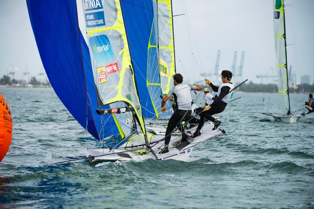 Carlos Robles Lorente and Dani Codina Serra - Class: 49er, Sail Number: ESP 161 - ISAF Sailing World Cup Miami 2014 photo copyright Walter Cooper /US Sailing http://ussailing.org/ taken at  and featuring the  class