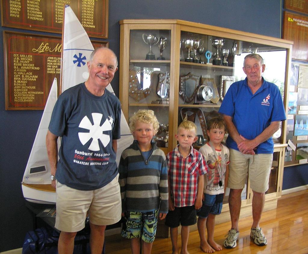 The two oldest and the three youngest competitors at the 2014 Sunburst Nationals - from left : Colin Dalziel, Jack Beavis, Cameron Brown, Flinn Olson, Maurice Scott. The age range here is a 71 year difference between the oldest and youngest competitor. - Sunburst 50th Celebrations and 2014 Nationals photo copyright Nigel Price taken at  and featuring the  class