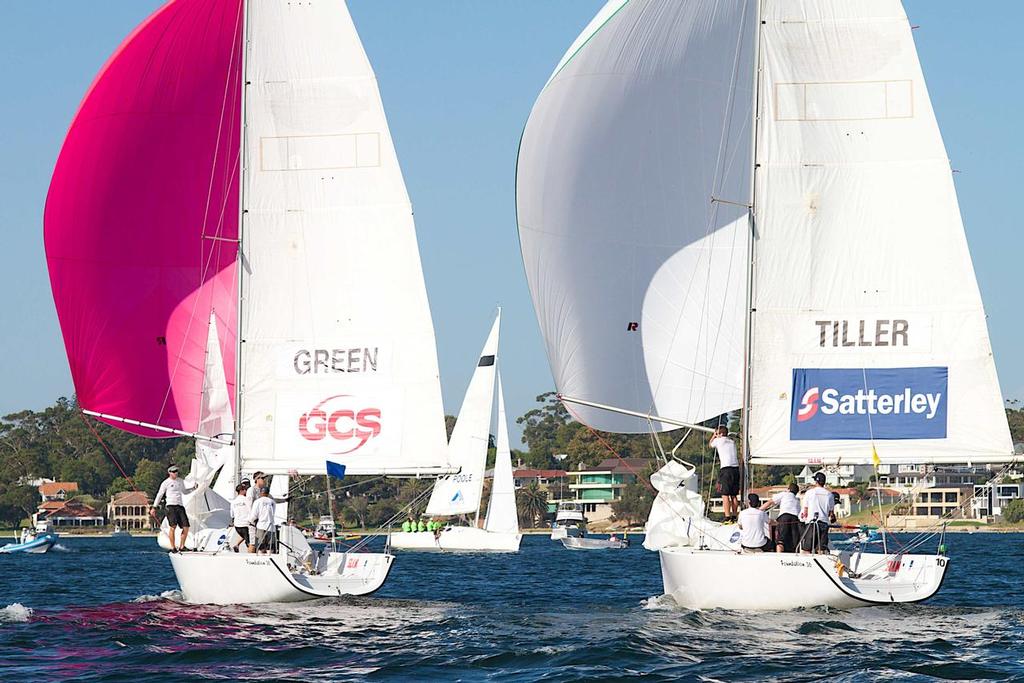 New Zealander Will Tiller trailed Sydney's Andy Green for a time, but found a way past. - Warren Jones International Youth Match Racing Regatta photo copyright Bernie Kaaks taken at  and featuring the  class