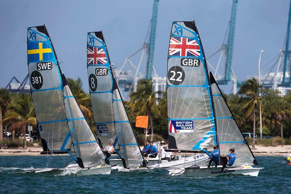 Charlotte Dobson and Sophie Ainsworth, 49er FX - ISAF Sailing World Cup Miami 2014 © Richard Langdon /Ocean Images http://www.oceanimages.co.uk