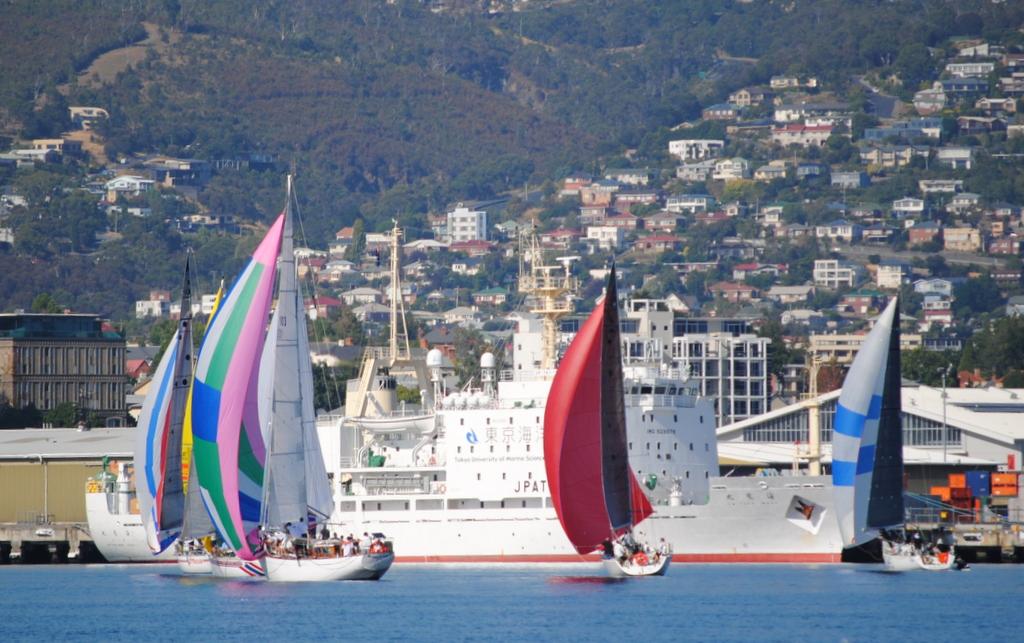Yachts in the Bruny Island Race sail past a Japanese marine research vessel at Hobart’s docks. - 88th Bruny Island Yacht Race © Peter Campbell