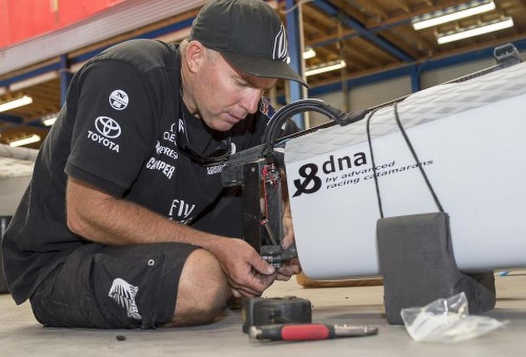 Emirates Team New Zealand sailor Ray Davies prepares his A Class catamarans for the upcoming National championships and World championships regattas being sailed at Takapuna in Auckland. photo copyright Chris Cameron/ETNZ http://www.chriscameron.co.nz taken at  and featuring the  class