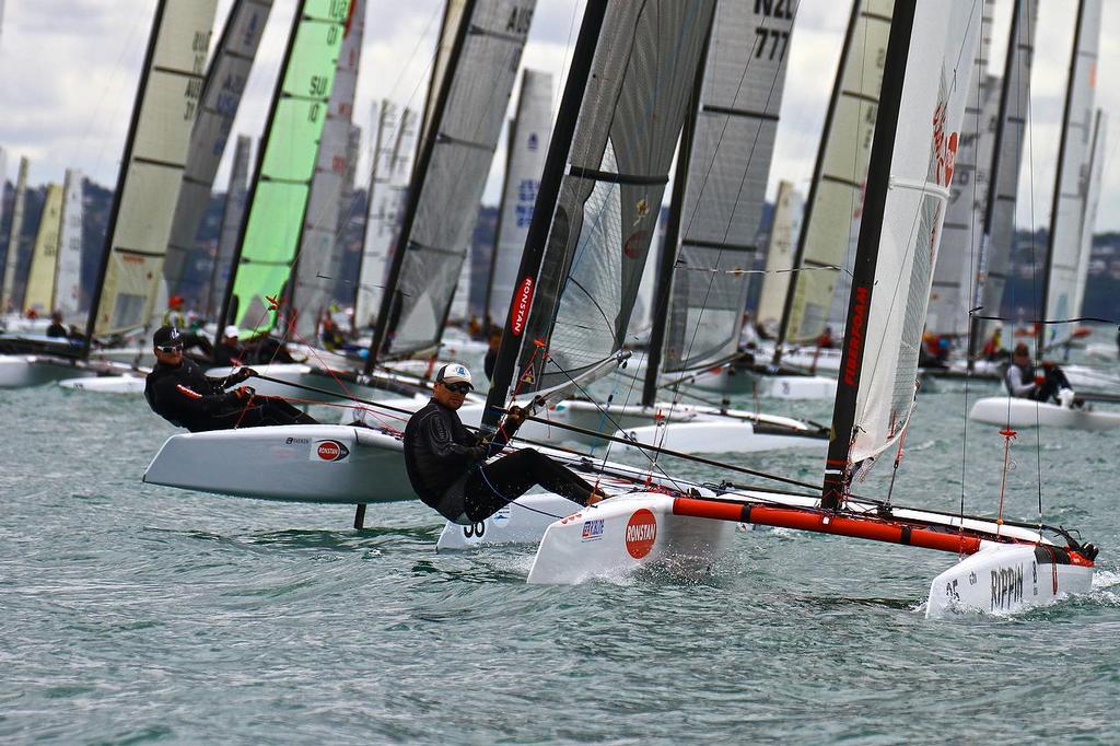 Start of Race 2 - A-class catamaran World Championships, Day 1, Takapuna February 11, 2014 photo copyright Richard Gladwell www.photosport.co.nz taken at  and featuring the  class