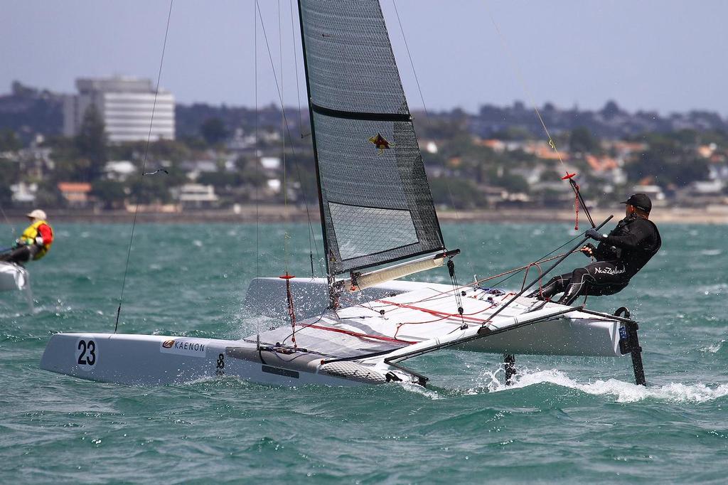 Ray Davies, A-class catamaran World Championships, Day 2, Takapuna February 12, 2014 photo copyright Richard Gladwell www.photosport.co.nz taken at  and featuring the  class