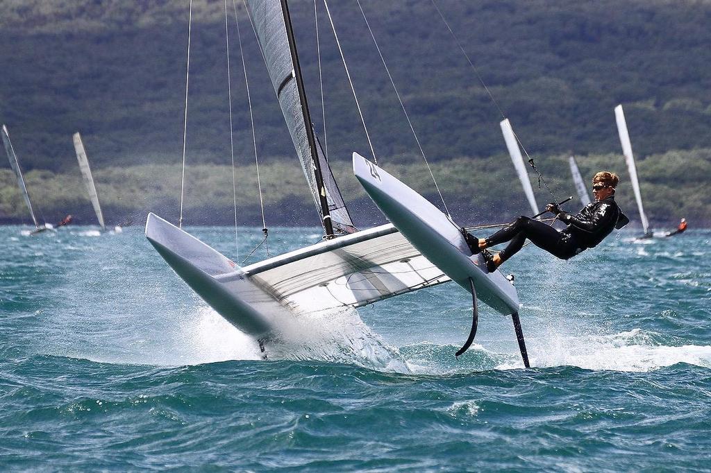 Peter Burling (NZL) leads on Leg 1 of Race 5, A-class catamaran World Championships, Day 3, Takapuna February 13, 2014 photo copyright Richard Gladwell www.photosport.co.nz taken at  and featuring the  class