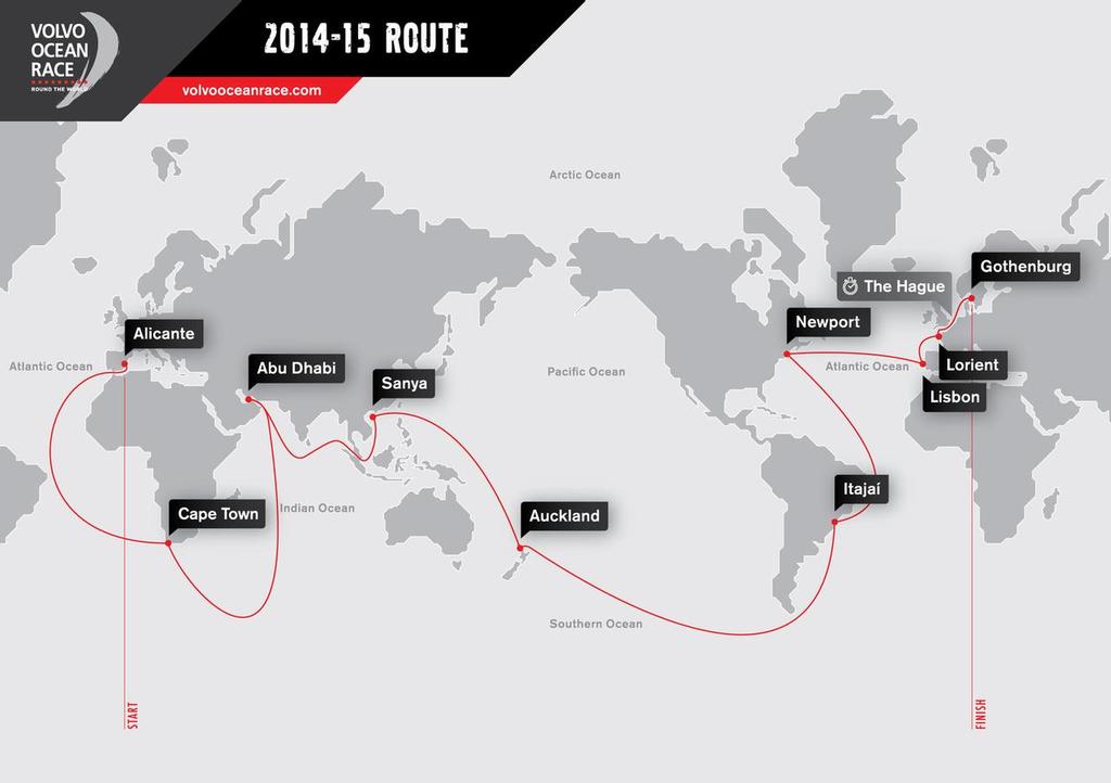  The Volvo Ocean Race will start on October 4, 2014, day of the first In-Port Race in Alicante, Spain, and finish with one last In-Port Race on June 27, 2015 in Gothenburg, the Swedish home of Volvo.<br />
<br />
 The 38,739-nautical mile route will also include stopovers in Cape Town (South Africa), Abu Dhabi (UAE), Sanya (China), Auckland (New Zealand), Itaja’ (Brazil), Newport, Rhode Island (USA), Lisbon (Portugal) and Lorient (France). A 24-hour pit-stop in The Hague is scheduled between France and Swed © Volvo Ocean Race http://www.volvooceanrace.com